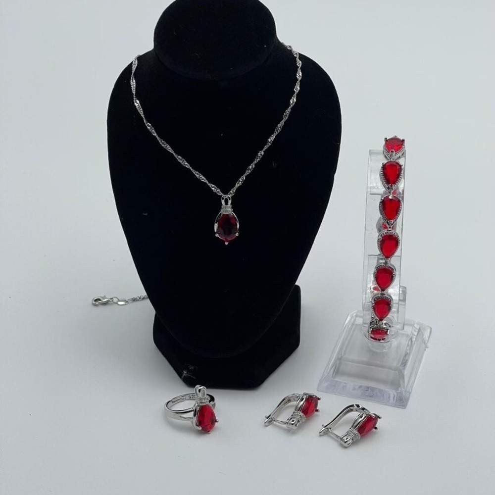 Jewelry Set Women's Costume, Red Cubic Zirconia Earrings Ring Bracelet Necklace